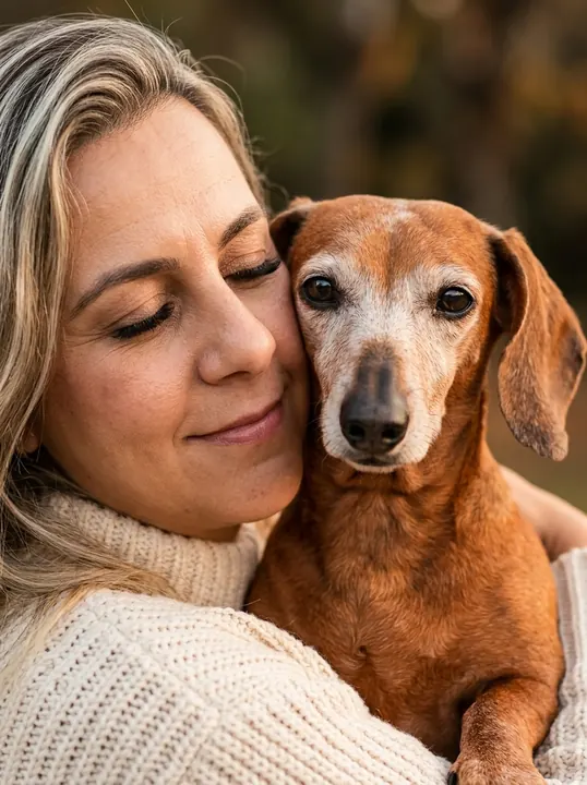 Depois: rosto colado ao do dachshund, de olhos fechados