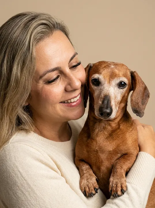 Depois: sorriso com o dachshund no colo, em estúdio