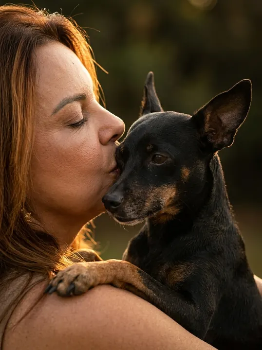 Depois: beijo na testa do pinscher na luz do fim de tarde