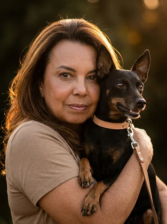 Depois: abraço no pinscher olhando para a câmera, na luz dourada