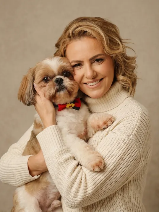 Depois: abraço sorridente no shih-tzu em estúdio, de suéter claro