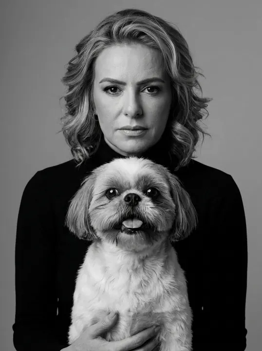 Depois: retrato em preto e branco com o shih-tzu à frente