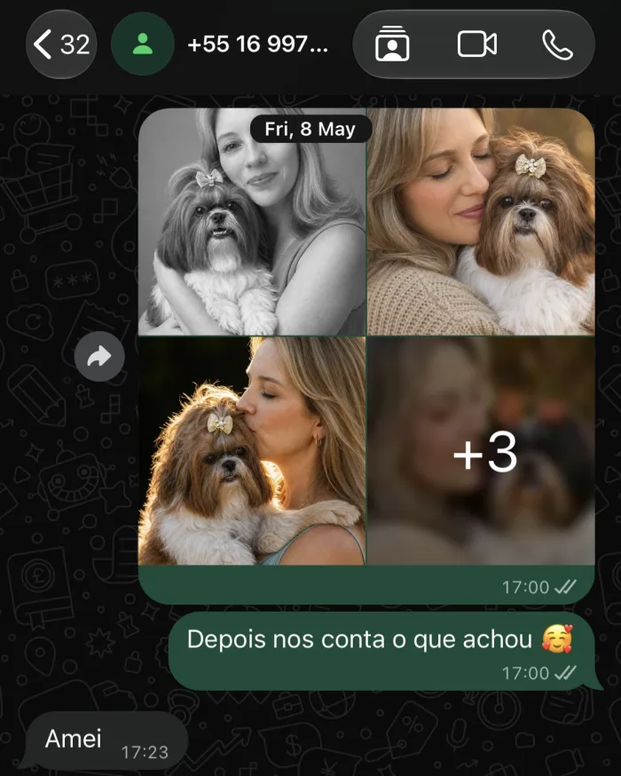 Print do WhatsApp com retratos de tutora e pet; a cliente responde: Amei.