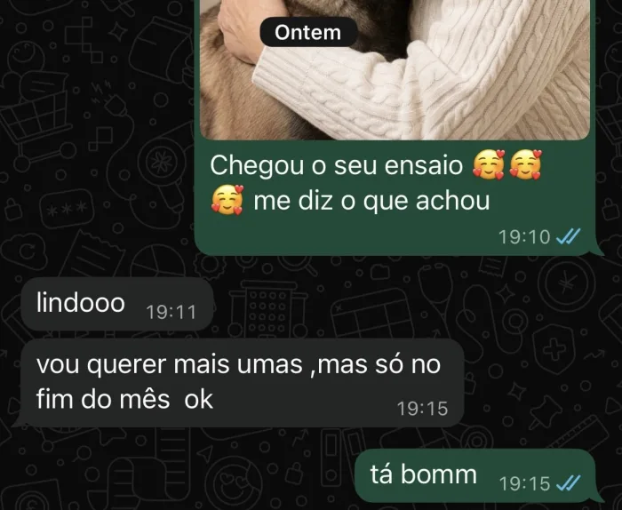 Print de conversa no WhatsApp: ao receber o ensaio, a cliente responde lindooo e diz que vai querer mais fotos